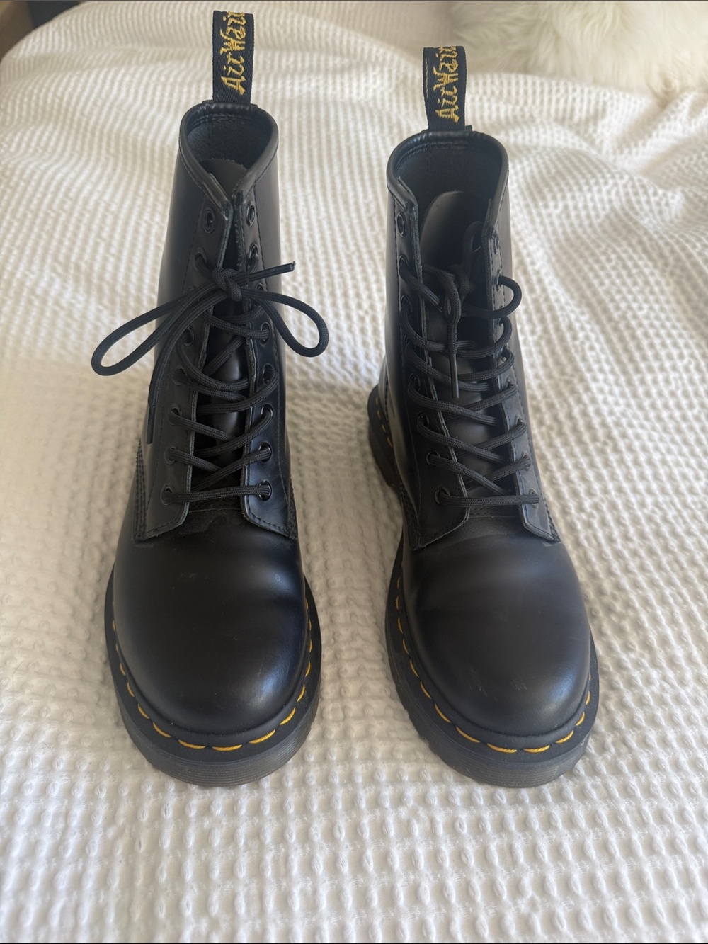 Dr. Martens Black Leather Combat Boots with Yellow Welt Stitching